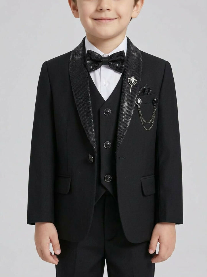 Boys Formal Black Suit Set with Blazer, Waistcoat, Dress Shirt, Trousers & Bow Tie | SHOBITAM