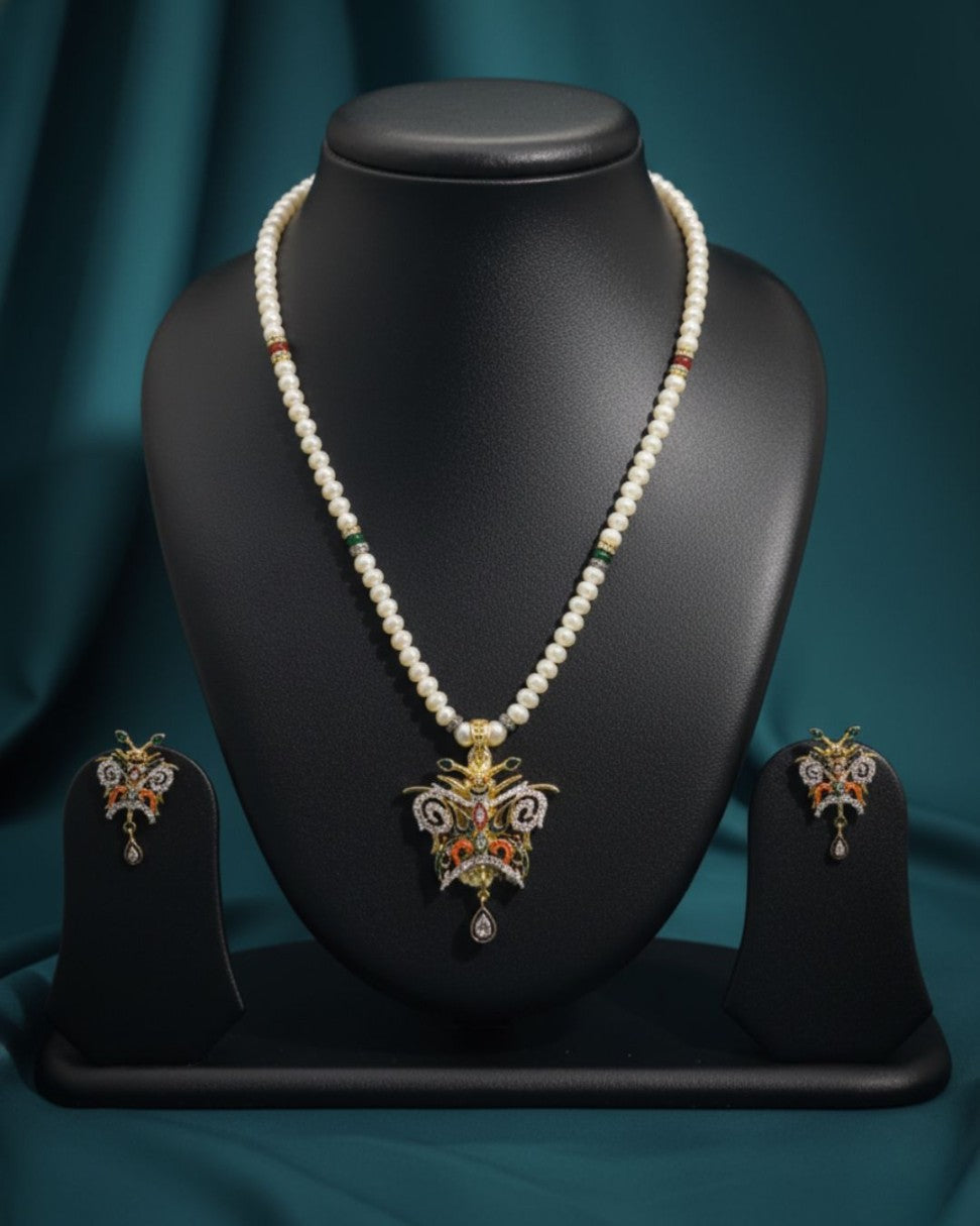 Butterfly Bloom – Pearl Necklace Set with Enamel Art 1 Line Pendent Set | SHOBITAM
