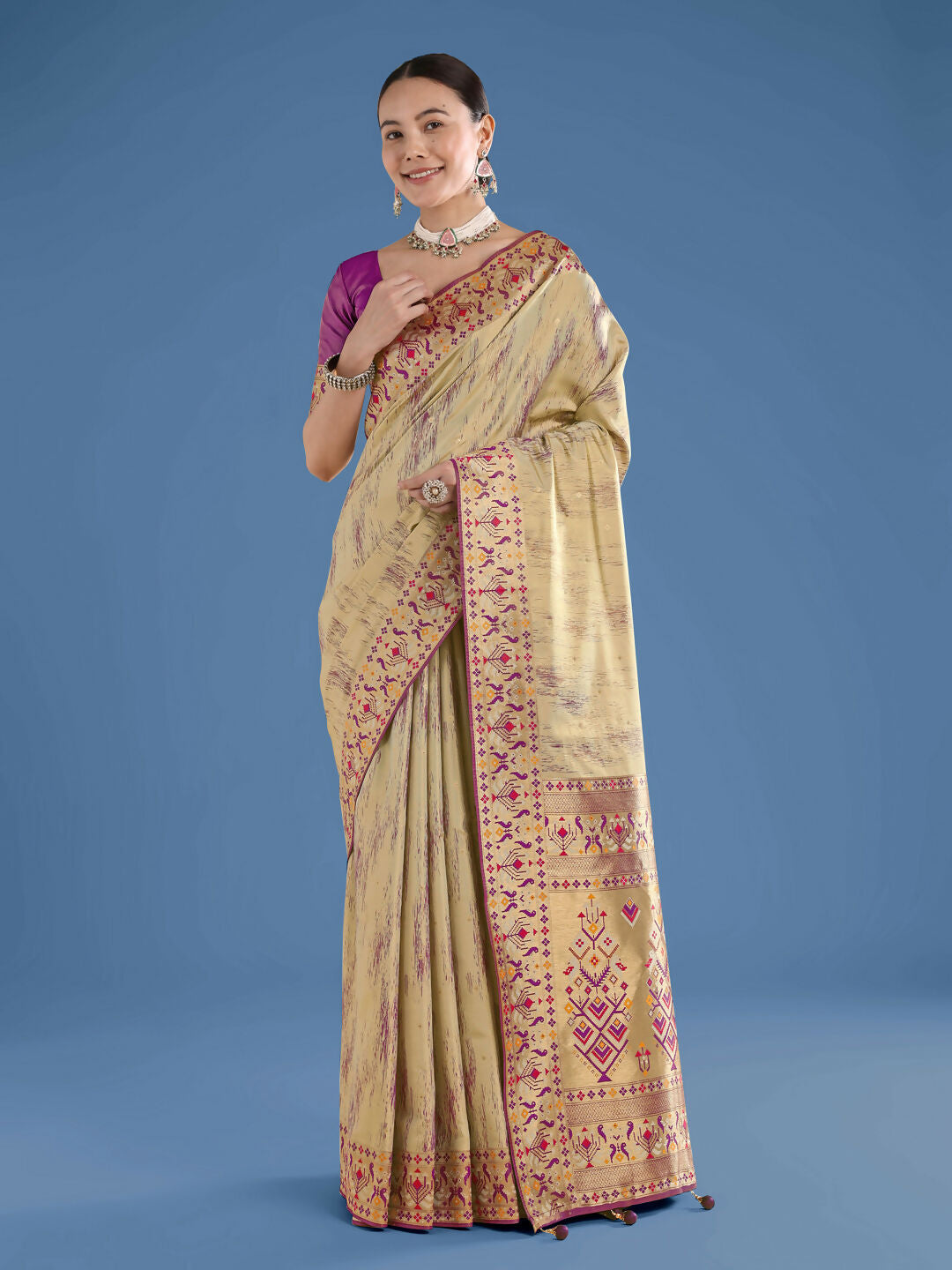 Beige Color Semi Banarasi Tissue Silk Paithani Woven Saree | SHOBITAM