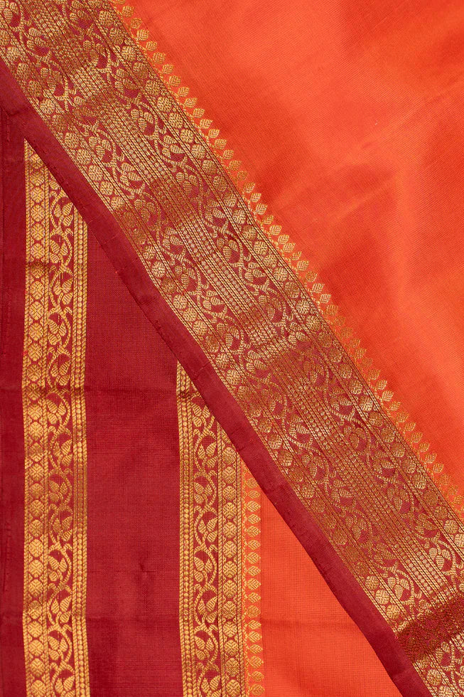 Sunrise Orange Pure Kanjivaram Soft Silk Saree with Maroon Borders | SILK MARK CERTIFIED