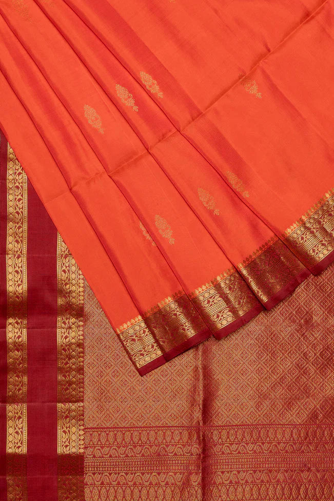 Sunrise Orange Pure Kanjivaram Soft Silk Saree with Maroon Borders | SILK MARK CERTIFIED