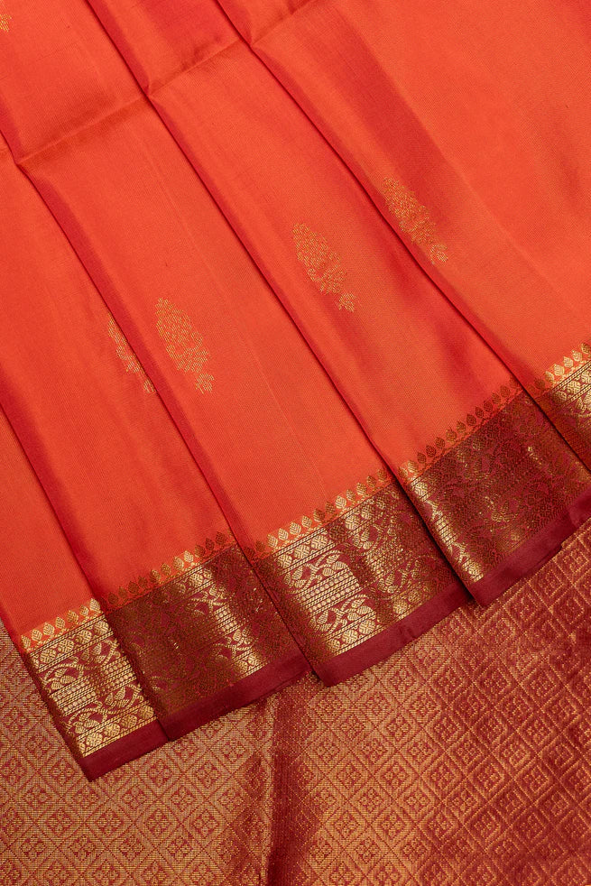 Sunrise Orange Pure Kanjivaram Soft Silk Saree with Maroon Borders | SILK MARK CERTIFIED