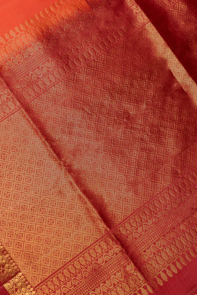 Sunrise Orange Pure Kanjivaram Soft Silk Saree with Maroon Borders | SILK MARK CERTIFIED