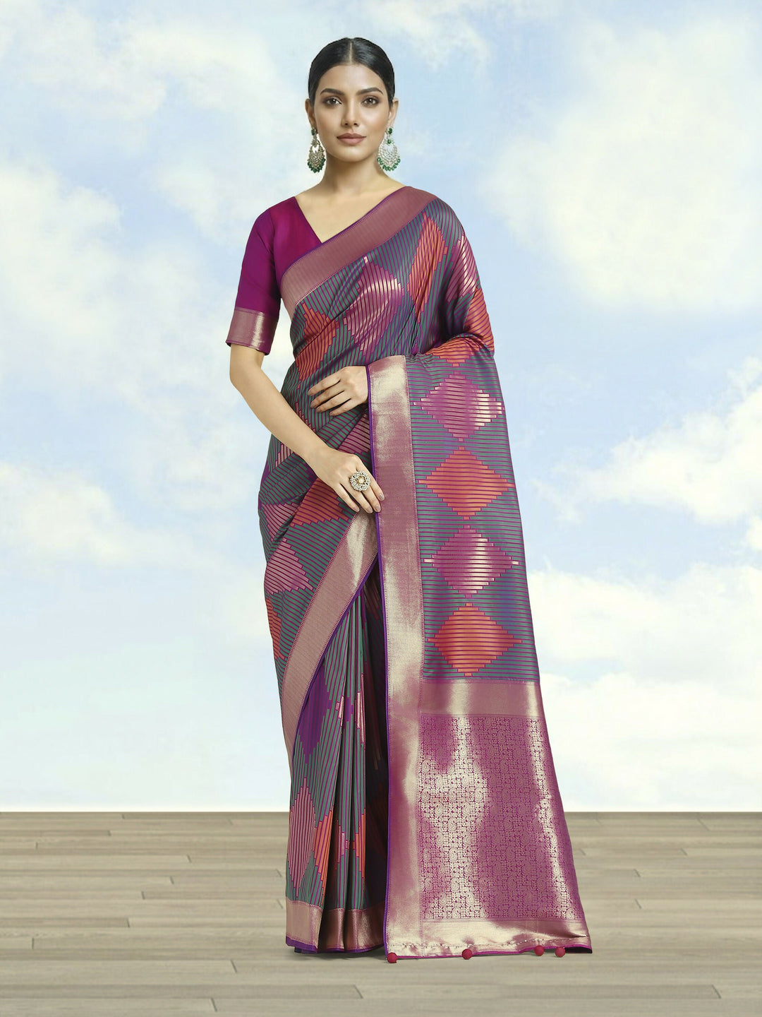 Multi Colour Banarasi Silk Zari Weaving Saree | SHOBITAM