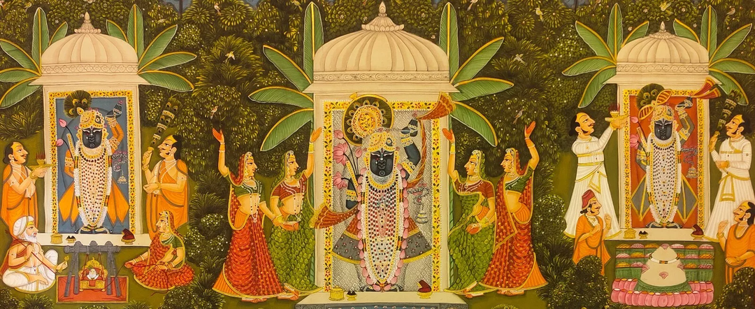 3.5 x 5 feet Authentic Jaipur Painting Teen Roopi Shreenath ji | SHOBITAM