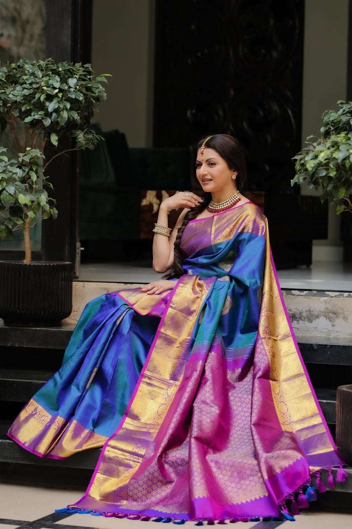 Peacock Blue Dual tone Self Brocade on Kanjivaram Pure Silk Saree with Damask Motifs and Zari Border | SILK MARK CERTIFIED