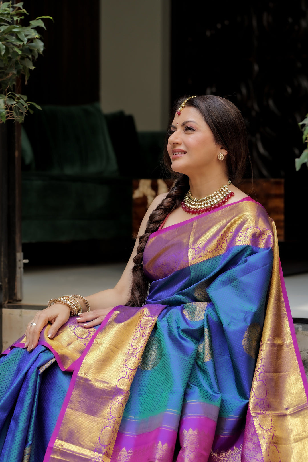 Peacock Blue Dual tone Self Brocade on Kanjivaram Pure Silk Saree with Damask Motifs and Zari Border | SILK MARK CERTIFIED