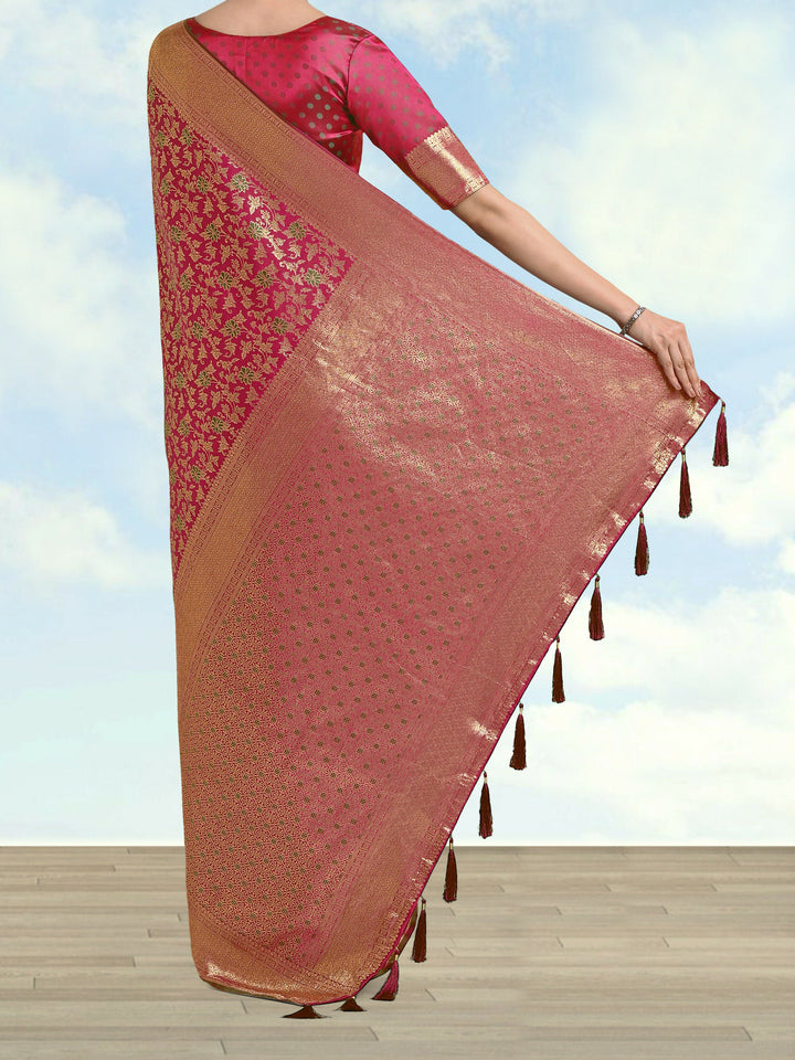 Magenta Banarasi Satin Silk Meenakari zari weaving Saree | SHOBITAM