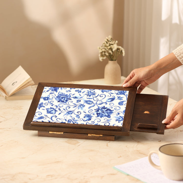 Floral Blossom Wooden Laptop Stand with Mobile Phone Tray