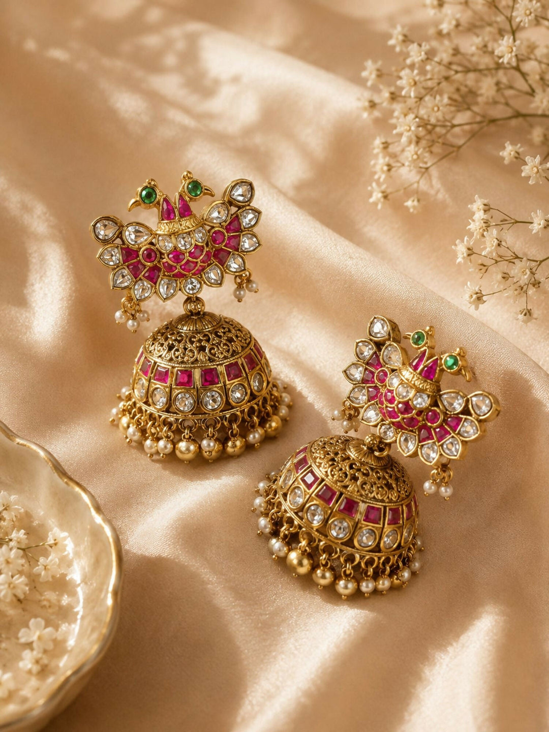 Royal Peacock Kundan Necklace Set with Pearl Layers & Emerald Accents | Shobitam
