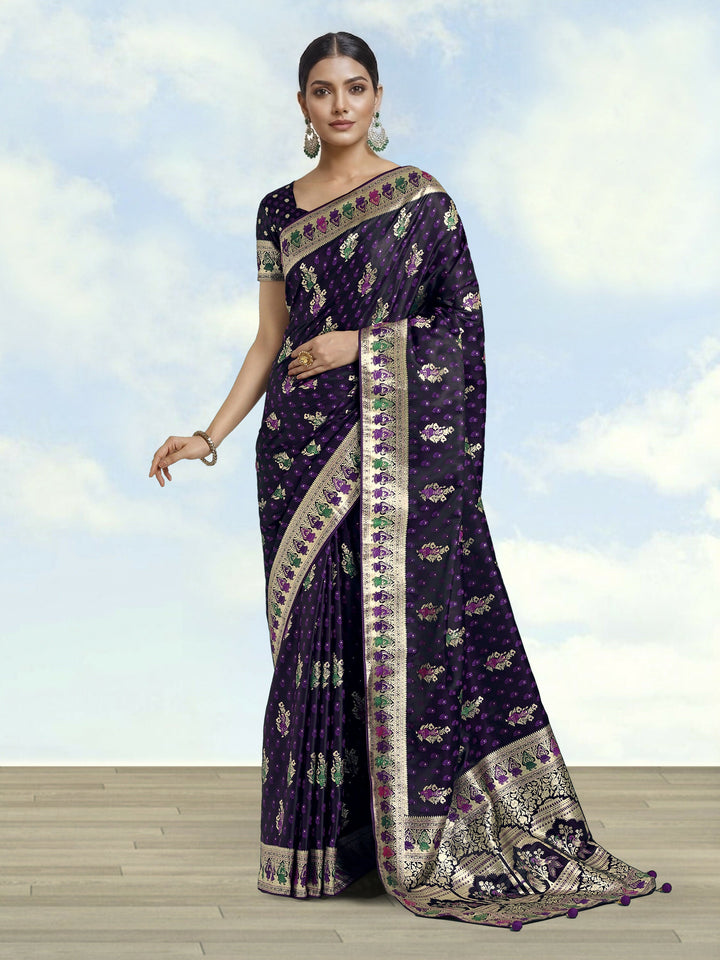 Purple With Gold Bordar Banarasi Satin Zari Woven Saree | SHOBITAM