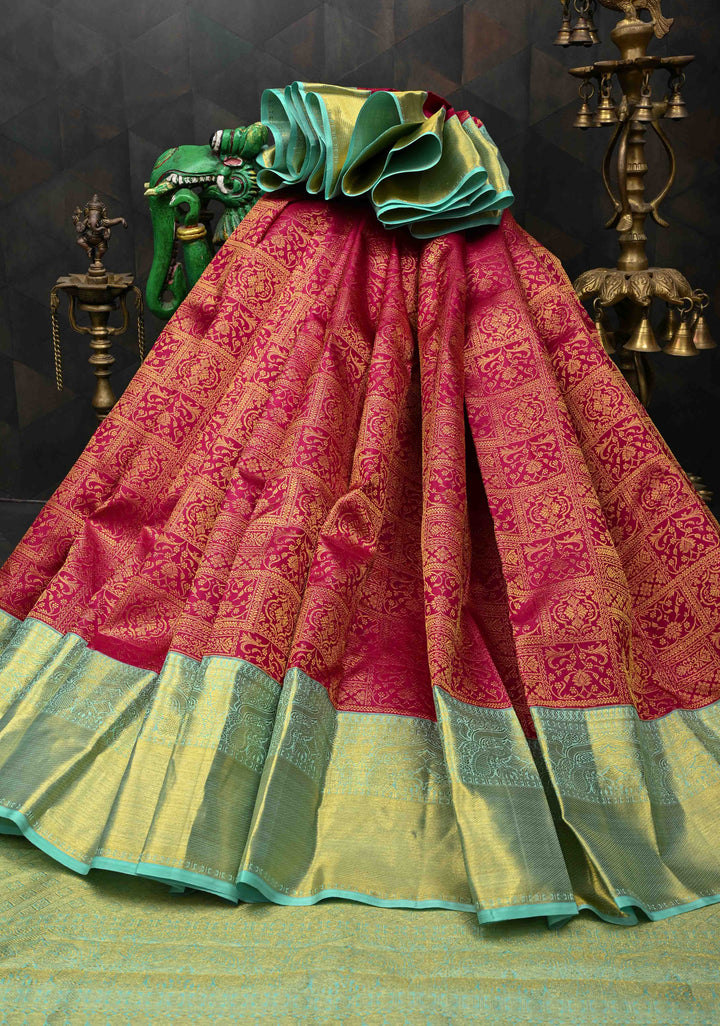 Reddish Pink  Kanjivaram Pure Silk Saree with Patola Zari Brocade and Contrast Zari Border | SILK MARK CERTIFIED