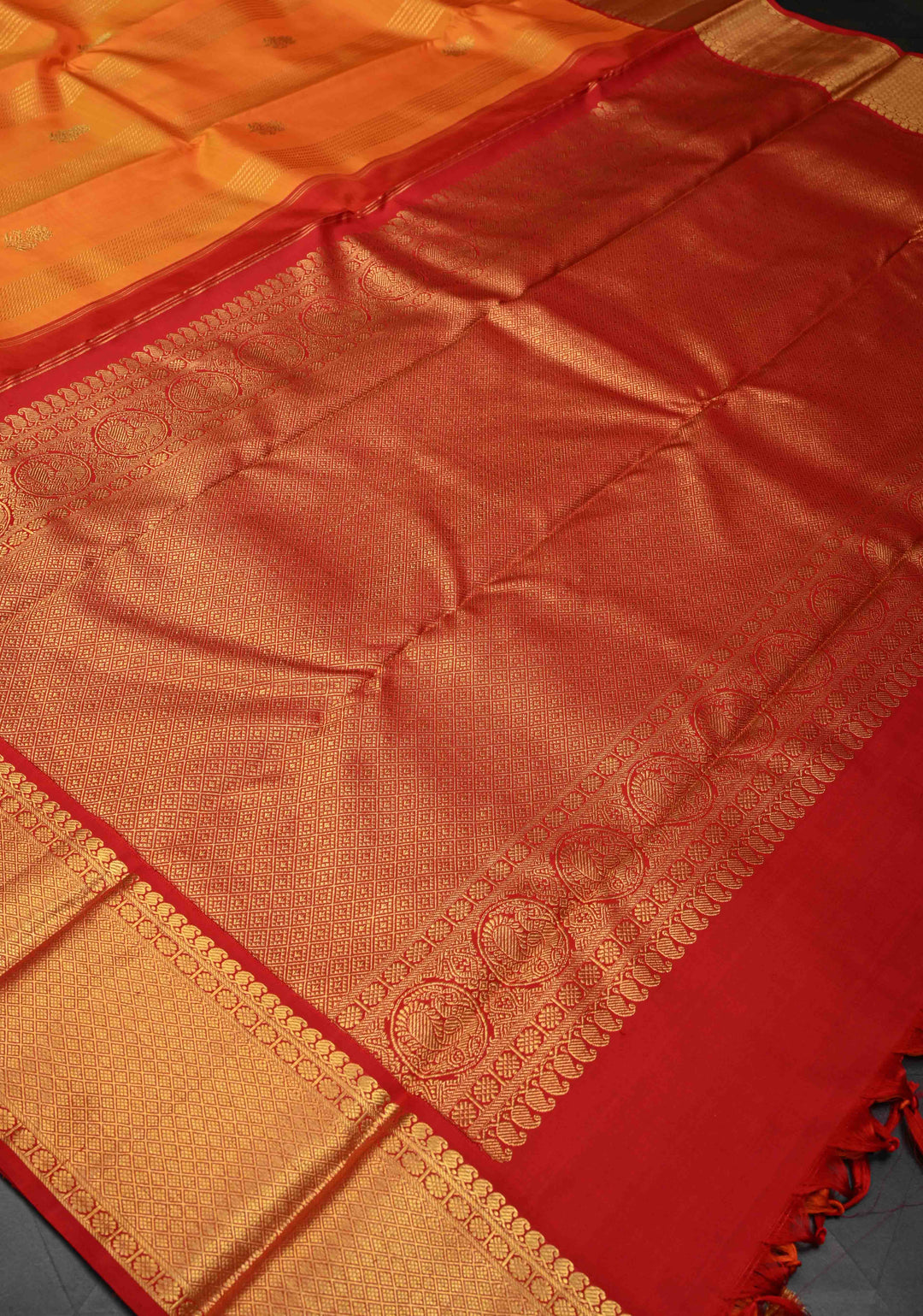 Orange Zari Buttas on Kanjivaram Pure Silk Saree with Vertical Zari Stripes and Contrast Zari Border | SILK MARK CERTIFIED
