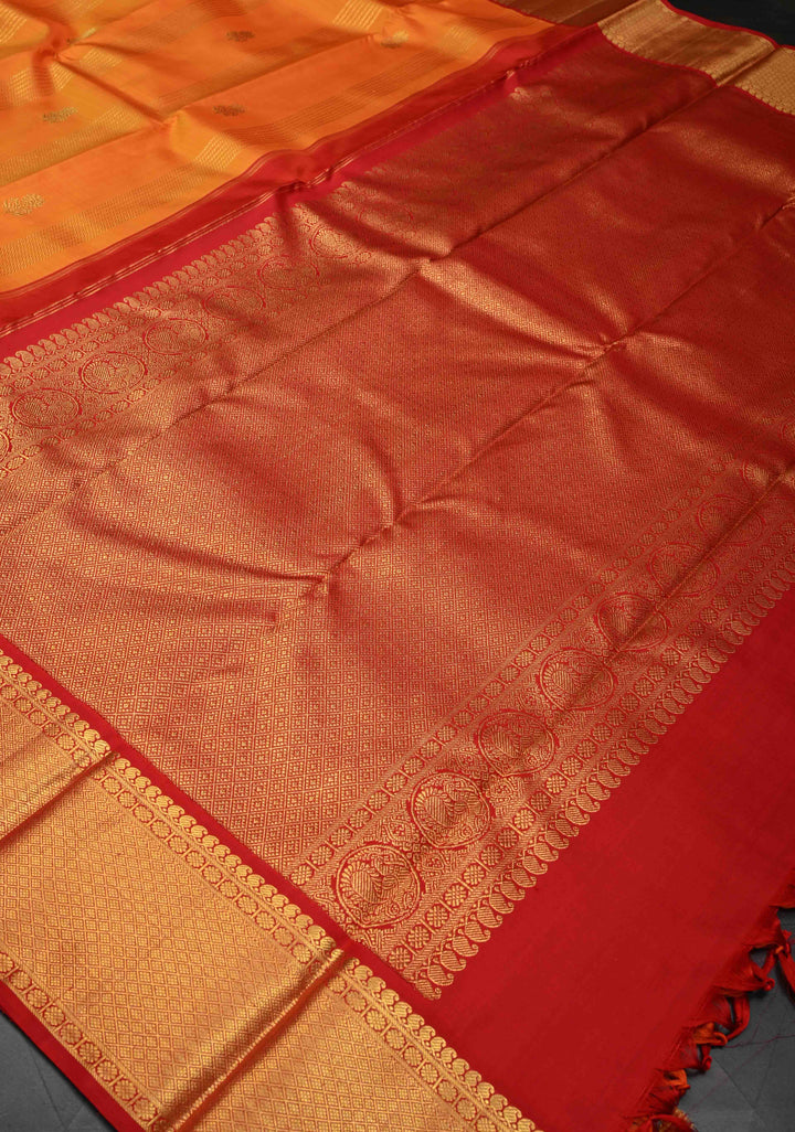 Orange Zari Buttas on Kanjivaram Pure Silk Saree with Vertical Zari Stripes and Contrast Zari Border | SILK MARK CERTIFIED