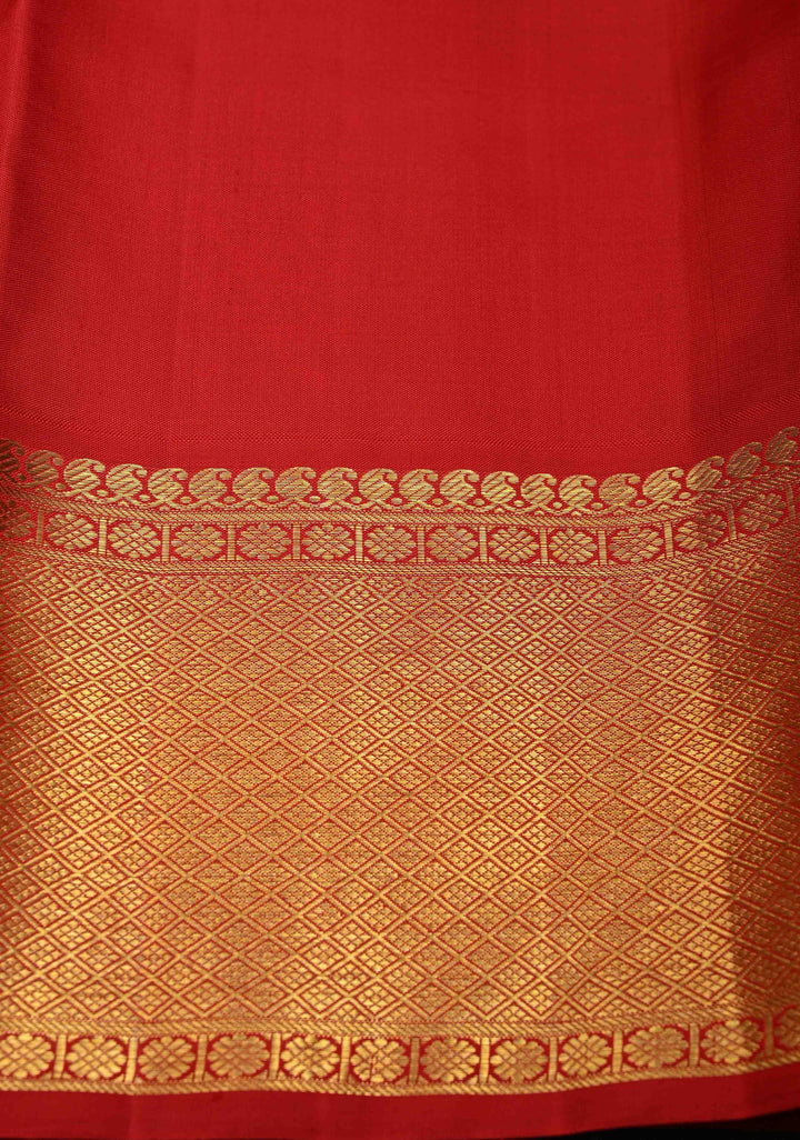 Orange Zari Buttas on Kanjivaram Pure Silk Saree with Vertical Zari Stripes and Contrast Zari Border | SILK MARK CERTIFIED