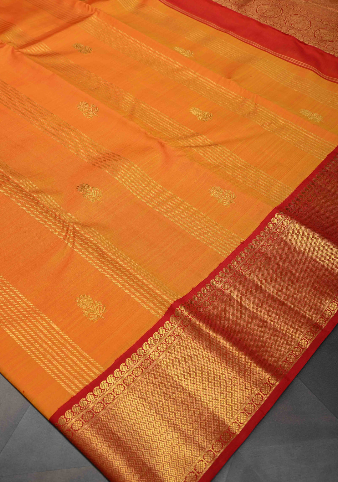 Orange Zari Buttas on Kanjivaram Pure Silk Saree with Vertical Zari Stripes and Contrast Zari Border | SILK MARK CERTIFIED
