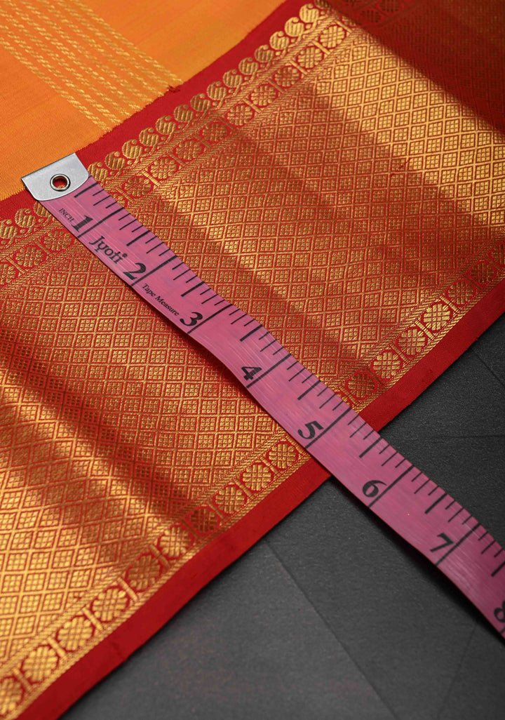 Orange Zari Buttas on Kanjivaram Pure Silk Saree with Vertical Zari Stripes and Contrast Zari Border | SILK MARK CERTIFIED