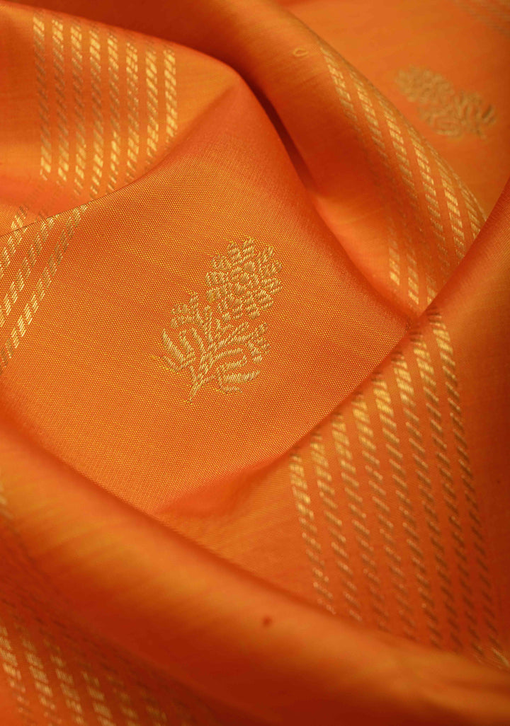 Orange Zari Buttas on Kanjivaram Pure Silk Saree with Vertical Zari Stripes and Contrast Zari Border | SILK MARK CERTIFIED