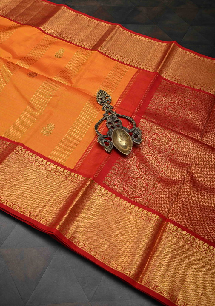 Orange Zari Buttas on Kanjivaram Pure Silk Saree with Vertical Zari Stripes and Contrast Zari Border | SILK MARK CERTIFIED