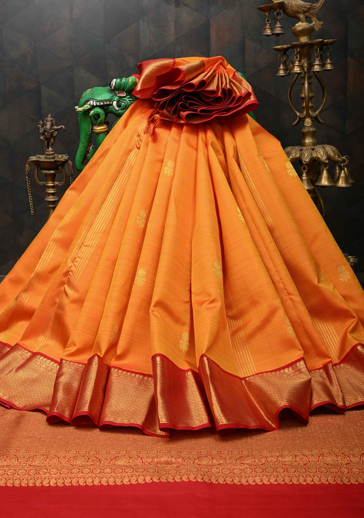 Orange Zari Buttas on Kanjivaram Pure Silk Saree with Vertical Zari Stripes and Contrast Zari Border | SILK MARK CERTIFIED