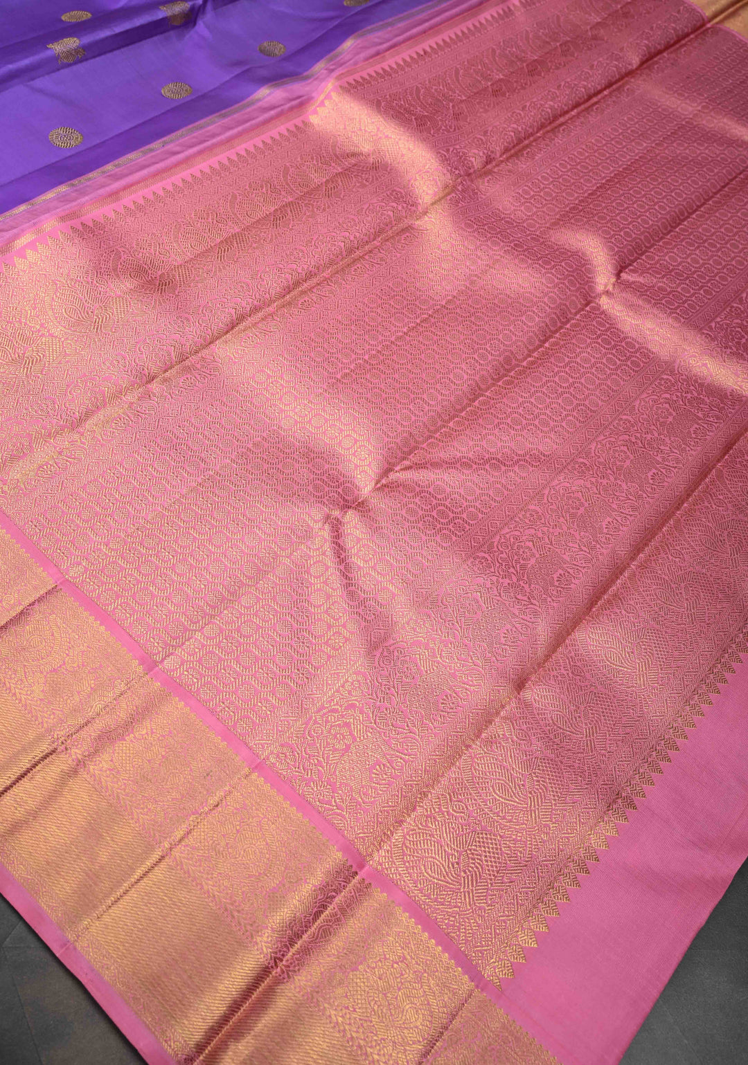 Purple Kanjivaram Pure Silk Saree with Peacock Buttas and Contrast Zari Border | SILK MARK CERTIFIED
