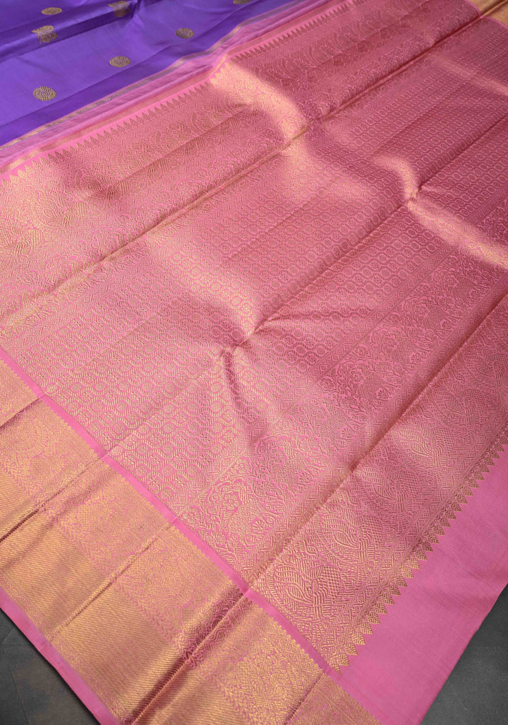 Purple Kanjivaram Pure Silk Saree with Peacock Buttas and Contrast Zari Border | SILK MARK CERTIFIED
