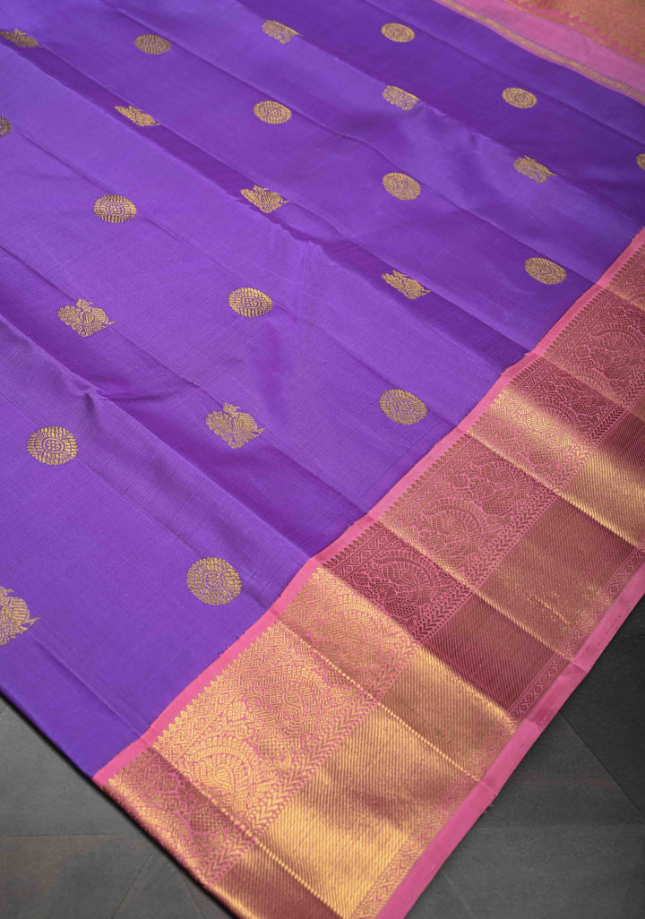 Purple Kanjivaram Pure Silk Saree with Peacock Buttas and Contrast Zari Border | SILK MARK CERTIFIED