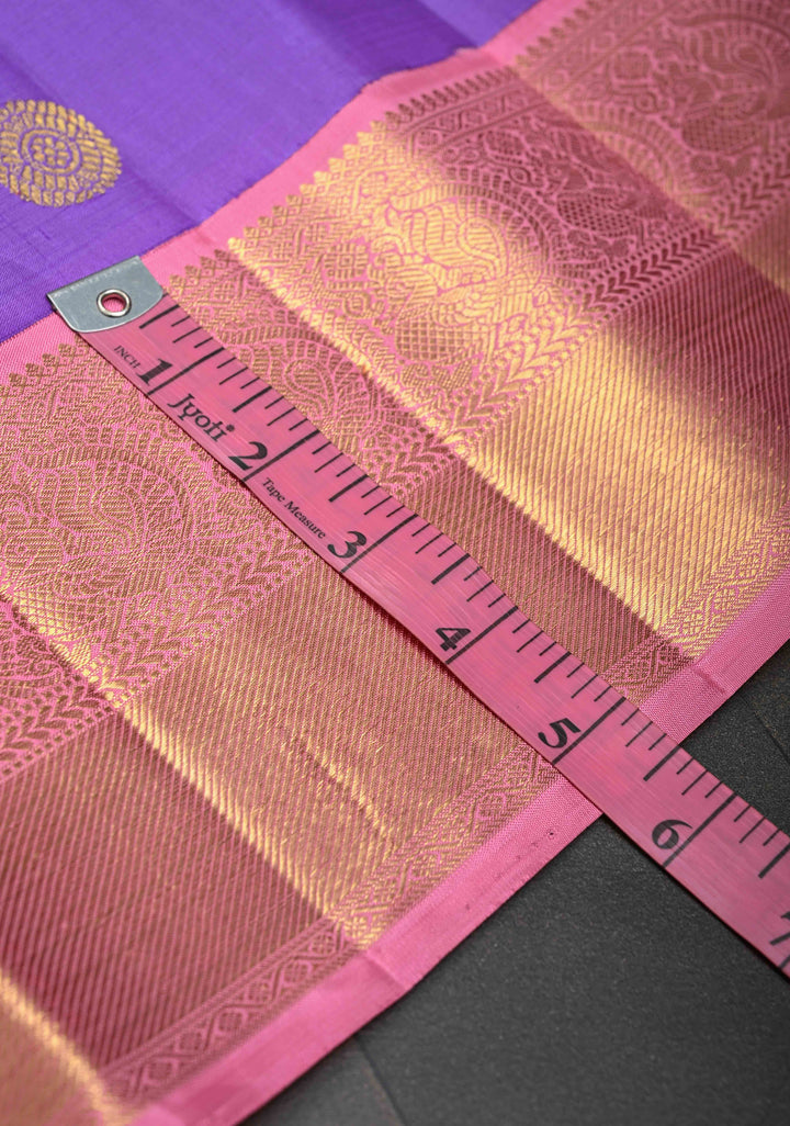 Purple Kanjivaram Pure Silk Saree with Peacock Buttas and Contrast Zari Border | SILK MARK CERTIFIED