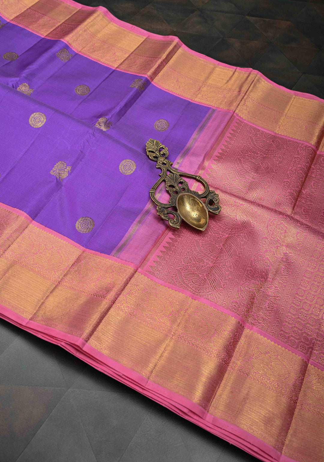 Purple Kanjivaram Pure Silk Saree with Peacock Buttas and Contrast Zari Border | SILK MARK CERTIFIED