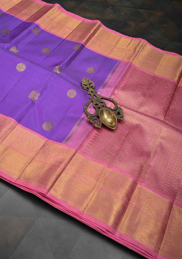 Purple Kanjivaram Pure Silk Saree with Peacock Buttas and Contrast Zari Border | SILK MARK CERTIFIED