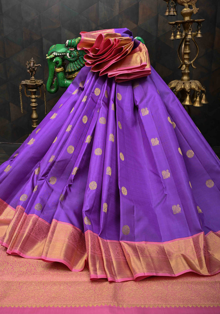 Purple Kanjivaram Pure Silk Saree with Peacock Buttas and Contrast Zari Border | SILK MARK CERTIFIED