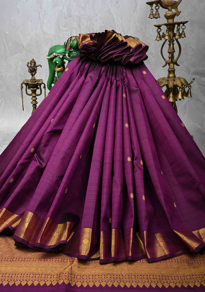 Plum Kanjivaram Pure Silk Saree with Zari Buttas and Zari Border | SILK MARK CERTIFIED