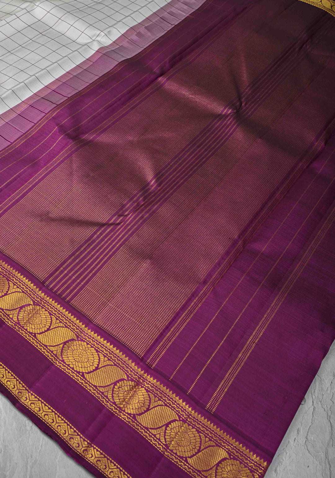 Ivory korvai Kanjivaram Pure Silk Saree with Checks and Contrast Zari Border | SILK MARK CERTIFIED