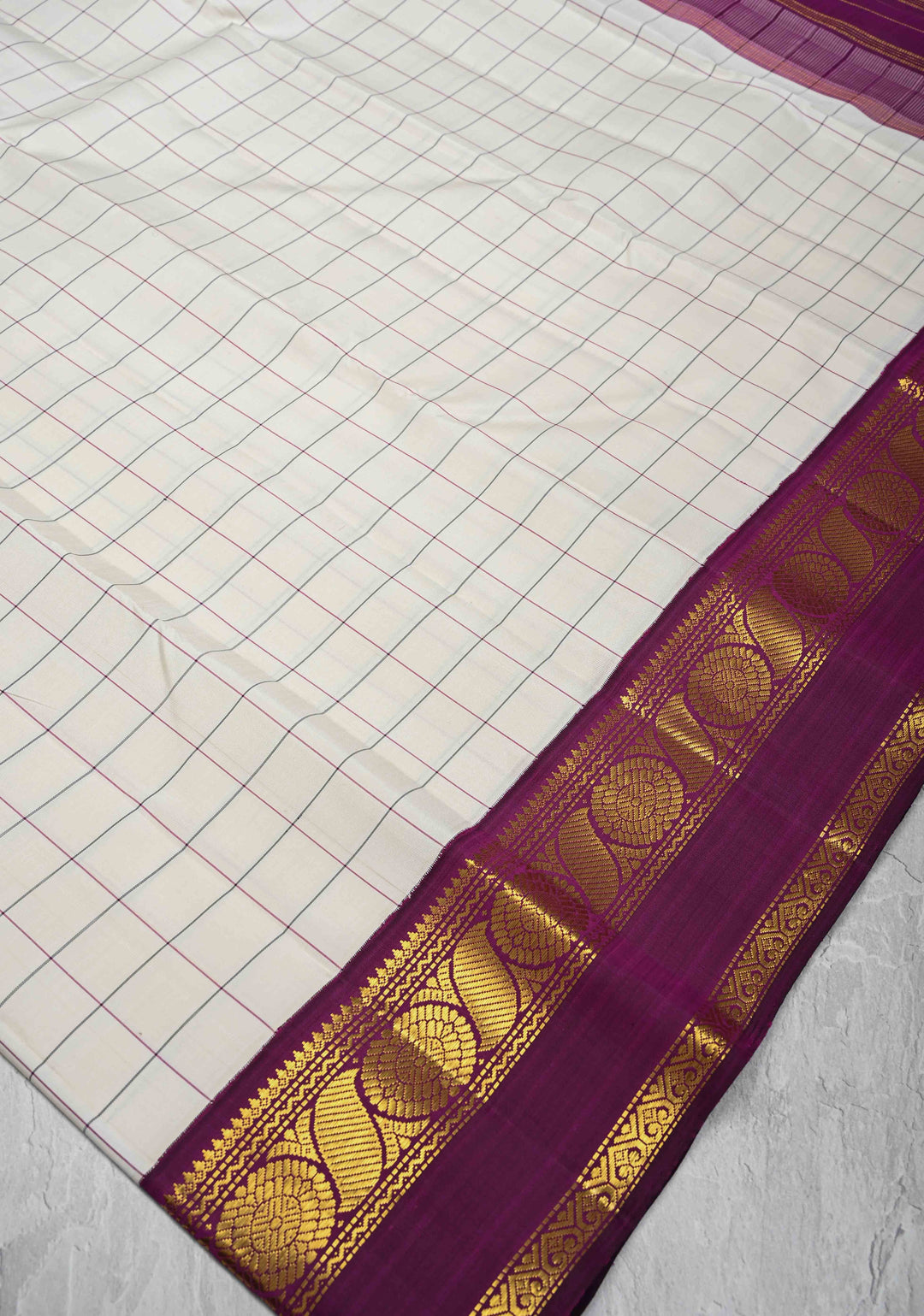 Ivory korvai Kanjivaram Pure Silk Saree with Checks and Contrast Zari Border | SILK MARK CERTIFIED