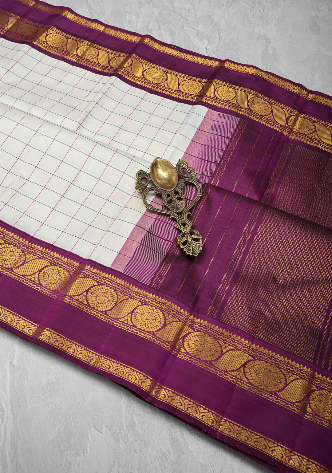 Ivory korvai Kanjivaram Pure Silk Saree with Checks and Contrast Zari Border | SILK MARK CERTIFIED