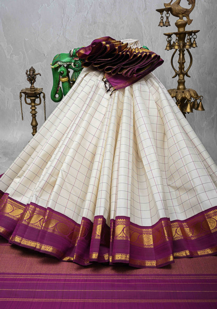Ivory korvai Kanjivaram Pure Silk Saree with Checks and Contrast Zari Border | SILK MARK CERTIFIED