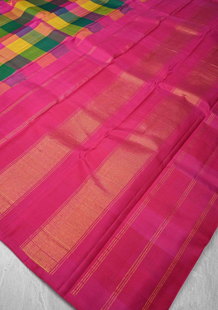 Multicolor Borderless Palum Pazhamum Kanjivaram Pure Silk Saree with Pink Pallu | SILK MARK CERTIFIED