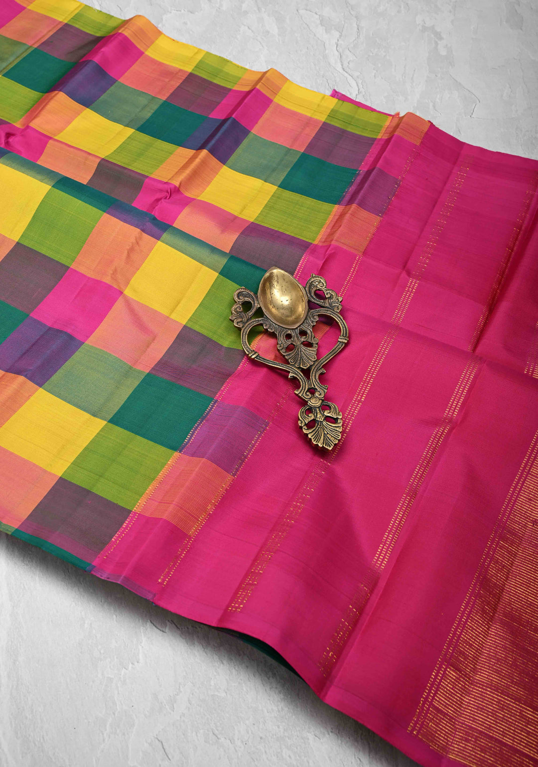 Multicolor Borderless Palum Pazhamum Kanjivaram Pure Silk Saree with Pink Pallu | SILK MARK CERTIFIED