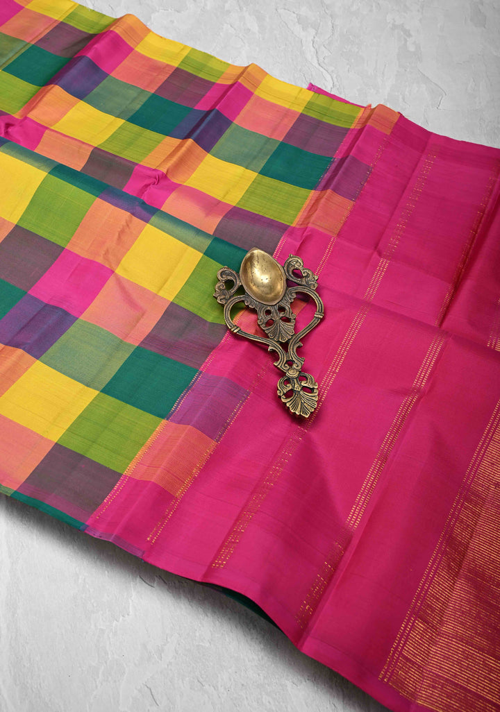 Multicolor Borderless Palum Pazhamum Kanjivaram Pure Silk Saree with Pink Pallu | SILK MARK CERTIFIED