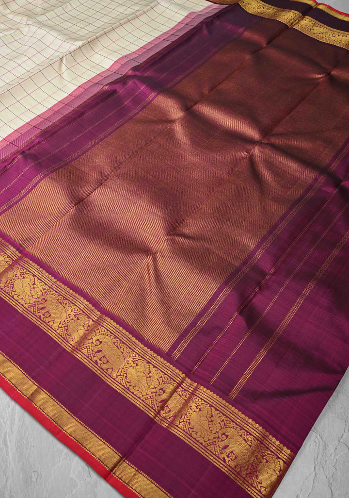 Off White Korvai Kanjivaram Pure Silk Saree with Checks and Contrast Zari Border | SILK MARK CERTIFIED