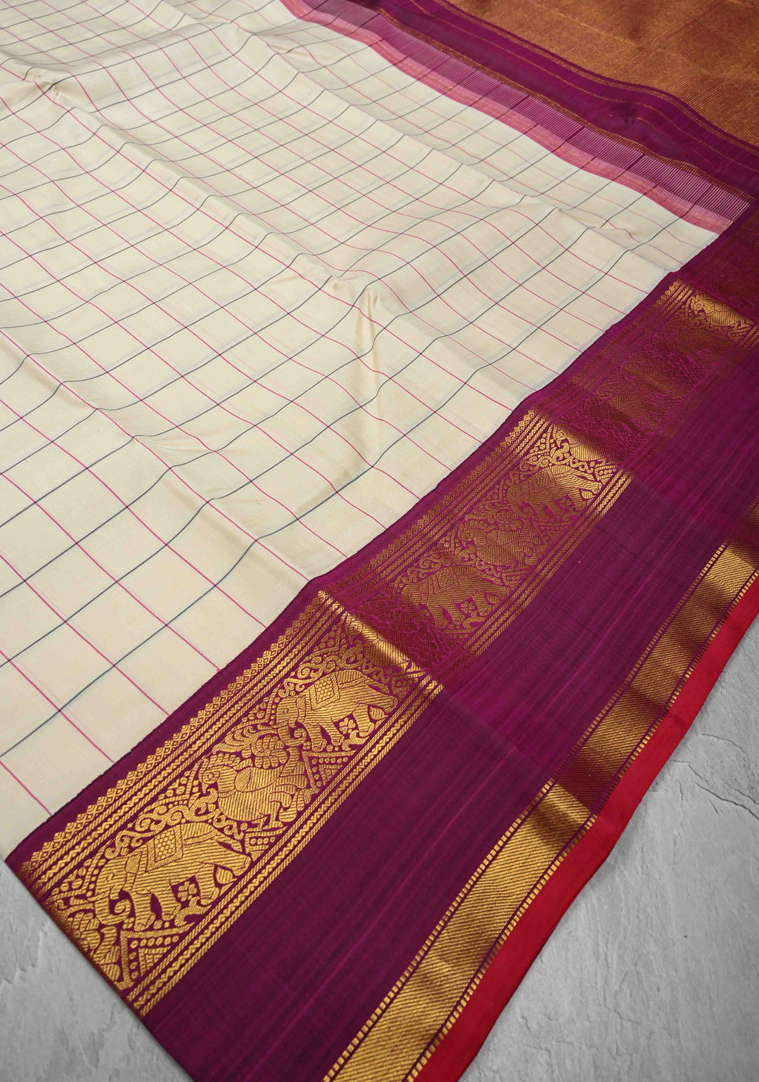 Off White Korvai Kanjivaram Pure Silk Saree with Checks and Contrast Zari Border | SILK MARK CERTIFIED