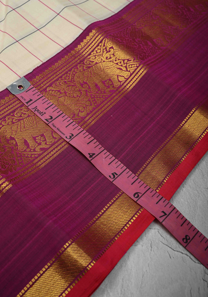 Off White Korvai Kanjivaram Pure Silk Saree with Checks and Contrast Zari Border | SILK MARK CERTIFIED