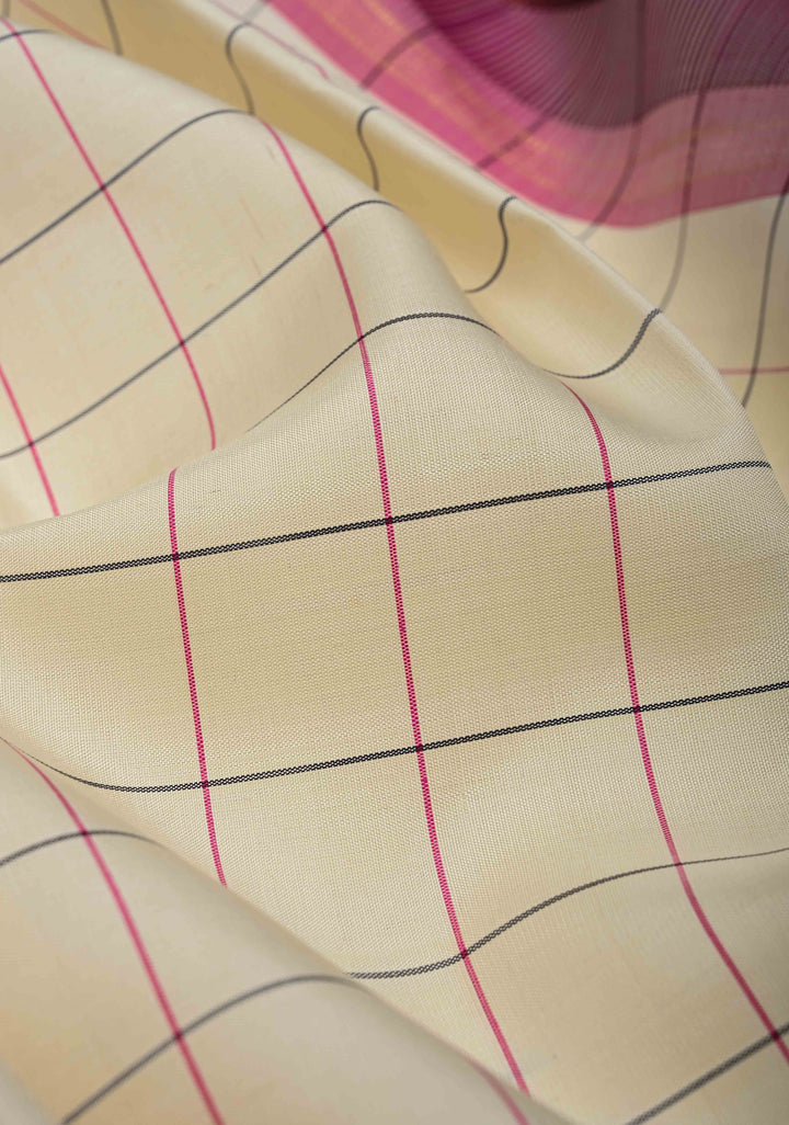 Off White Korvai Kanjivaram Pure Silk Saree with Checks and Contrast Zari Border | SILK MARK CERTIFIED