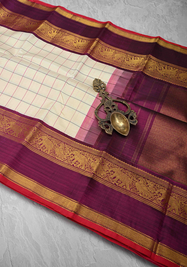 Off White Korvai Kanjivaram Pure Silk Saree with Checks and Contrast Zari Border | SILK MARK CERTIFIED
