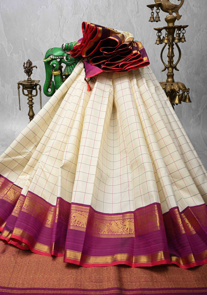 Off White Korvai Kanjivaram Pure Silk Saree with Checks and Contrast Zari Border | SILK MARK CERTIFIED