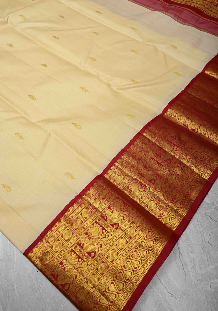 Cream Kanjivaram Pure Silk Saree with Zari Buttas and Contrast Zari Border | SILK MARK CERTIFIED