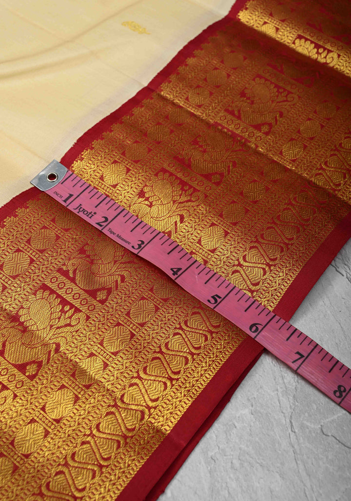 Cream Kanjivaram Pure Silk Saree with Zari Buttas and Contrast Zari Border | SILK MARK CERTIFIED