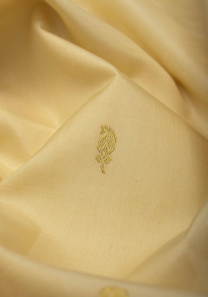 Cream Kanjivaram Pure Silk Saree with Zari Buttas and Contrast Zari Border | SILK MARK CERTIFIED