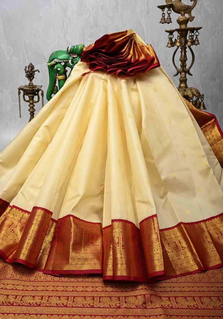 Cream Kanjivaram Pure Silk Saree with Zari Buttas and Contrast Zari Border | SILK MARK CERTIFIED