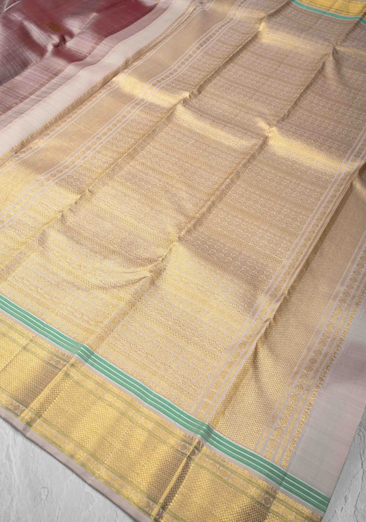 Taupe Kanjivaram Pure Silk Saree with Zari Buttas and Contrast Zari Border | SILK MARK CERTIFIED